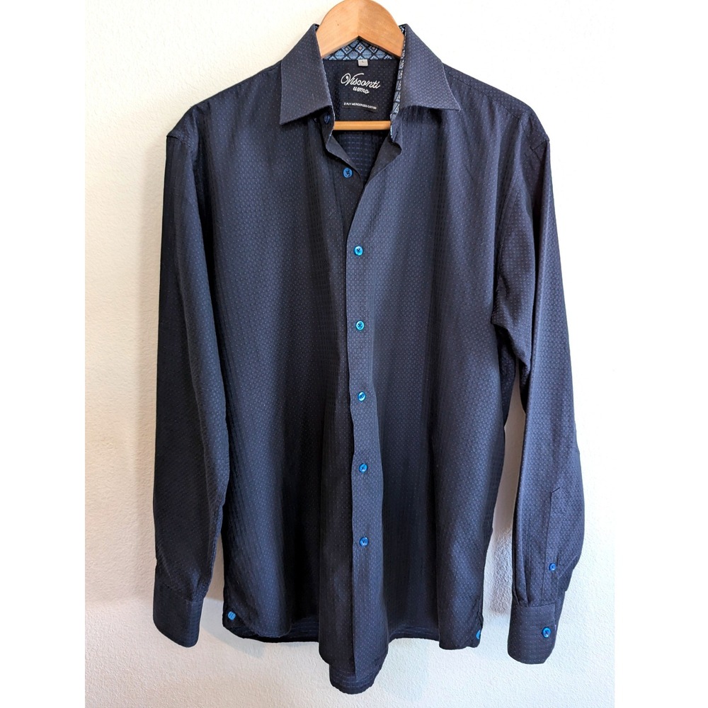 Visconti Uomo Men's Large Blue Black Geometric Button Up Shirt 2-Ply Cotton